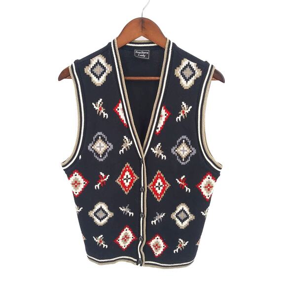 Vintage Sweaters - Vintage Southern Lady Black Diamond Print Grandma Knit Sweater Vest Sz Large